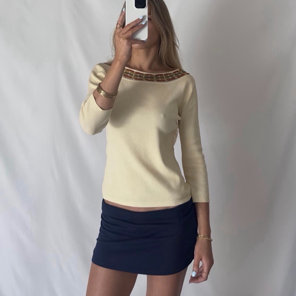 Joseph A Cream Woven Trim Boatneck Top